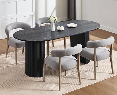 Kmax Wooden Fabric Dining Chairs Set of 4, Mid Century Modern Semi Barrel Kitchen Chairs with Curved Back & Walnut Finish for Dining Room, Grey