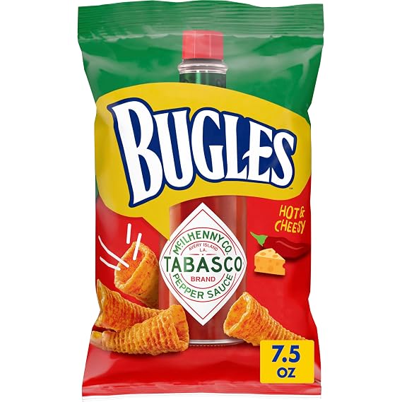Bugles Crispy Corn Snacks, Tabasco Hot & Cheesy, Family Size Bag, 7.5 oz | Cone-Shaped Corn Snack With Tabasco Hot & Cheesy Flavor, Great for Trail Mix, Lunch Boxes & Office Snacking