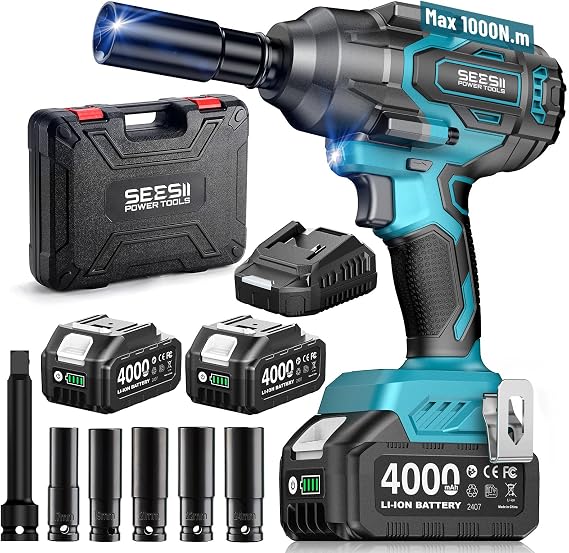 Seesii 1000N.m (738ft-lbs) Cordless Impact Wrench High Torque,1/2" Brushless Impact Gun w/Two 4.0Ah Battery,Fast Charger, 5 Sockets & Storage Case, Electric Impact Wrench for Car Truck,WH760