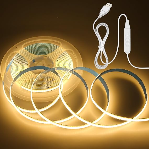 Aclorol USB COB LED Strip Lights for TV Backlight 5M Warm White LED Flexible Rope Light with 1.5M USB Powered 320LEDs/M Dotless Tape Light for Wall Bed Wardrobe Lighting Home Decor CRI85+ 8mm Width [Energy Class D]