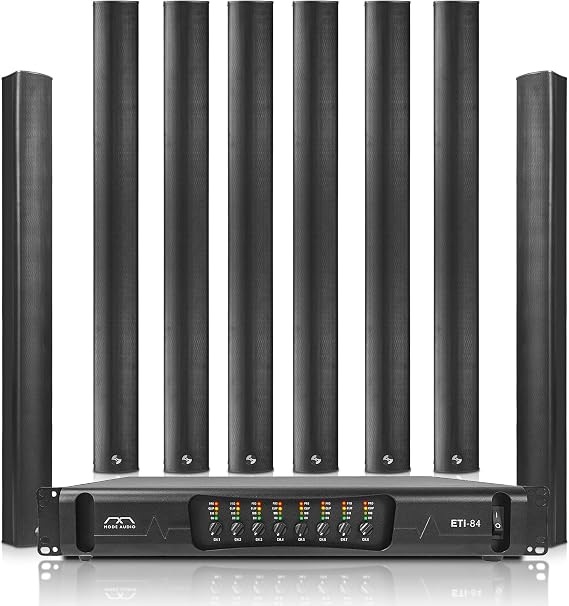 Sound Town Passive Line Array Column System with Eight Aluminum Column Line Array Speakers, One 8-Ch Power Amplifier, for Meeting Room, Conference, Restaurant, Commercial Installation (ETI8X8M106B)