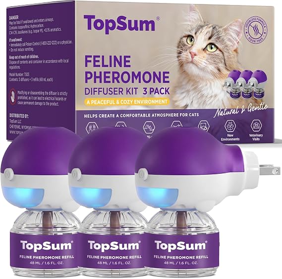 TopSum Cat Calming Pheromone Diffuser: Feline Pheromones Plug in for Stress, Alone At Home, Spraying, Fighting, Scratching, Aggression & Excessive Meowing (Purple, 3 Diffusers+4.8 Fl Oz)