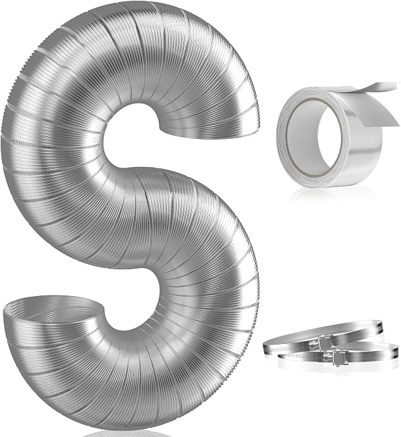 Hon&Guan 4-inch Semi Rigid Dryer Vent Hose, 8 Feet Flexible Aluminum Duct with 2 Clamps, and Aluminum Foil Tape | Semi-rigid design prevents kinks, Smooth Inner, High Airflow Efficiency,with 2 Hose Clamps, Aluminum Foil Tape Sealing