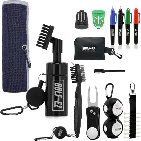 Golf Essentials Kit | Must-Have Accessories Water Brush, Towel, Club Brush, Ball Marker, Divot Repair Tool, Ball & Tee Holder, Golf Gifts for Men & Women