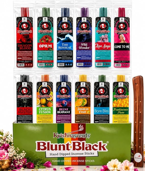 Blunt Black Incense Sticks, 12 Assorted Packs, 144 Count | Twelve Assorted Fragrance Packs Of Hand-Dipped Blunt Sticks, 144 Total, With A Free Wooden Holder, Scents May Vary.