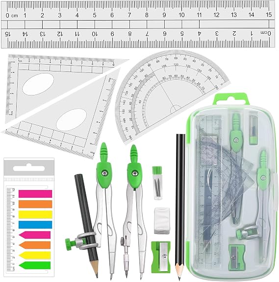 Akuoly Geometry Compass Kit Starter Maths Set with 2 Drafting Compasses Protractor Set Squares Ruler and More for Students Maths Study, Green