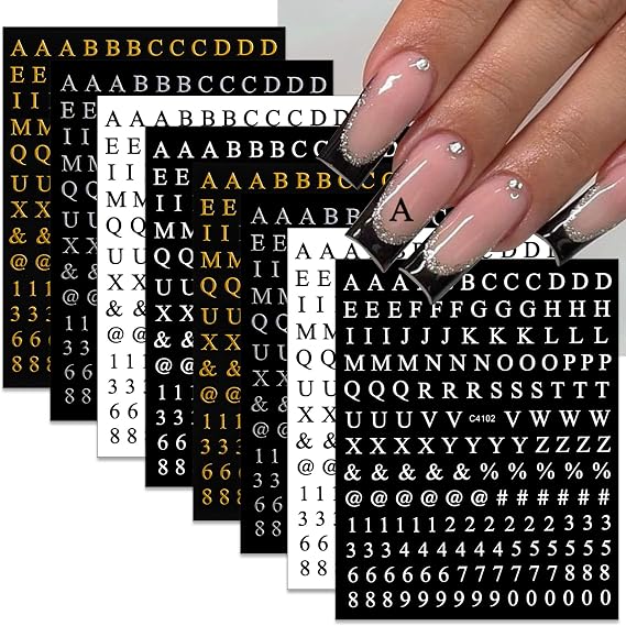 Letters Nail Art Stickers Number Nail Decals 3D Self-Adhesive Luxury Gold Silver English Alphabet Nail Sticker Black White Number Nail Art Supplies for Women Girls Manicure DIY 8 Sheets