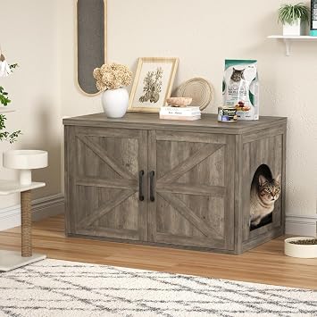 Halitaa Litter Box Enclosure, Farmhouse Hidden Litter Box Cabinet with Barn Door, Cat Litterbox Furniture, Indoor Cat House for Living Room, Side End Table, 31.5''L x 19.7''W x 19.7''H, Gray