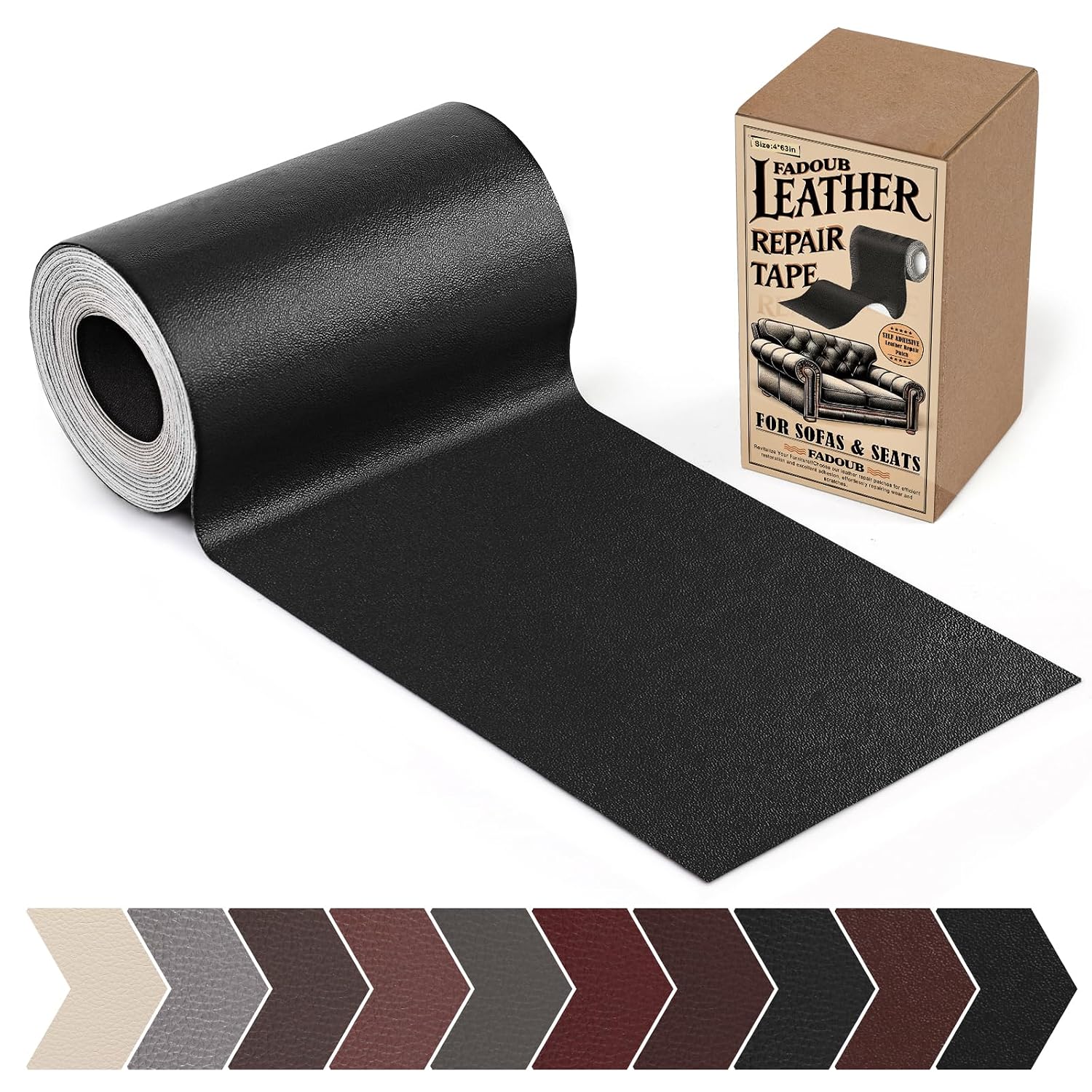 Leather Repair Patch, 4 x 63In Self Adhesive Leather Repair Tape for Furniture, Vinyl Repair Tape for Repairing Vinyl, Couch, Sofa, Car Seats, Car Interior Black-Fine Grain