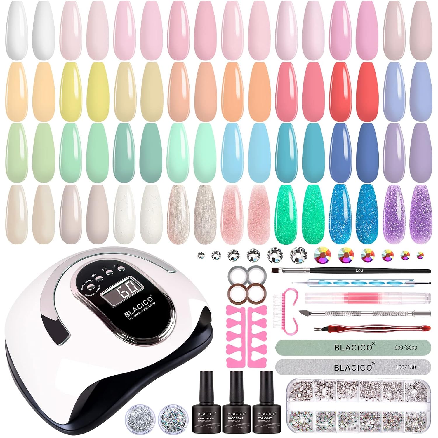 BLACICO 32 Colors Gel Nail Polish Kit with UV Light 168W Nail Dryer, No Wipe Base Top Coat Cure Pink Green Glitter Gel Nail Polish Set Nail Art Decorations Nail Lamp