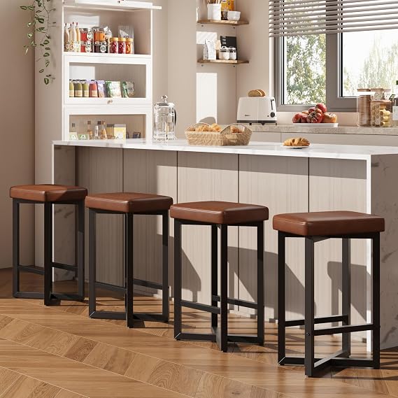 coucheta Bar Stools Set of 4, 24.6" Counter Height Backless Barstools, Upholstered PU Leather Seats, Modern Kitchen Stools with Metal X-Frame & Footrest for Home Bar, Dining Room, Brown