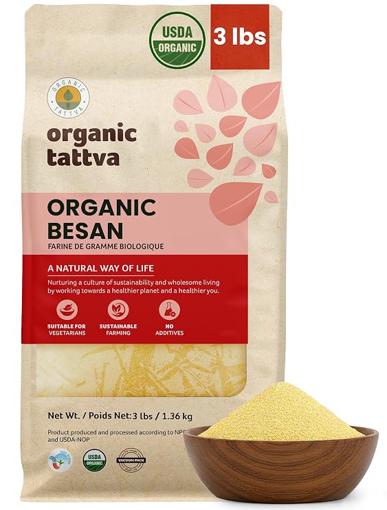 Organic Tattva Chickpea Flour, 3 lbs, Gram Flour (Besan), USDA Certified | Natural Plant Based Protein & Fiber, Vegan, Non GMO, No Additives, Kosher, Ideal for Cooking, Baking & Frying, Batters