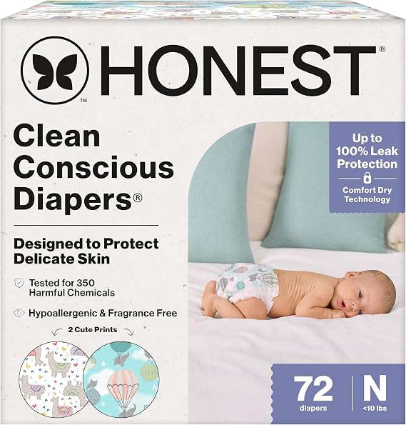 The Honest Company Daytime Diapers, All the Alpacas, Size Newborn, 72 Count