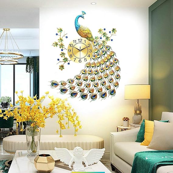 Large Metal Wall Clocks Battery Operated Silent Non-Ticking White Dial with Arabic Luxury Feather Wall Watch Home Decor Vintage Style (Green)