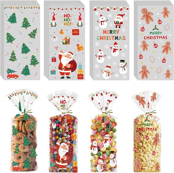 Riccioofy Christmas Treat Bags - 120 PCS Cellophane Candy Bags | CHRISTMAS Bags for Gifts | Xmas Party Favors for Kids | Small Christmas Gift Bags Baskets Decorations