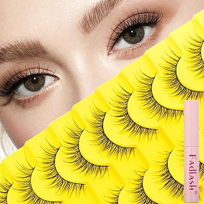 FADLASH Wispy Lashes Natural False Eyelashes 10 Pairs Cat Eye Lashes with Lash Bond Wispy Strip Lashes Extension Kit Soft Fluffy Fake Lashes BY004