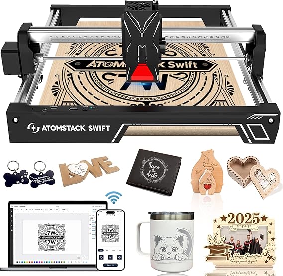 ATOMSTACK Swift Laser Engraver for Beginners, 7000mW Output Laser Cutter, Laser Class 4, 300300mm Working Area, 0.08mm Accuacy Engraving Machine for Wood, Leather, Coated Metal, Acrylic (Swift 7W)