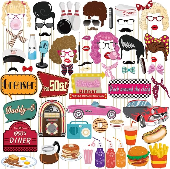 50s Party Photo Booth Props 67 Count