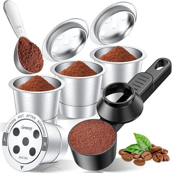CAPMESSO Coffee Scoop & Funnel (1 Pack) Bundle with 4 Pack Reusable K Cups: 2 Tablespoon Measuring Scoop & Updated Stainless Steel Pods with 5 Holes, Zero Plastic