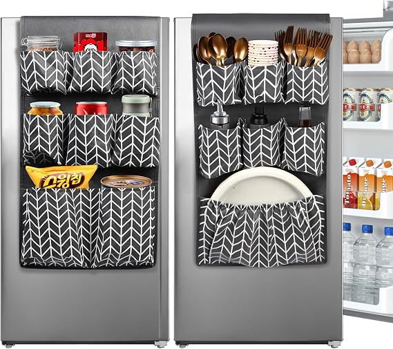 Mini Fridge Organizer 65" x 12.6", Mini Fridge Caddy with 15 Large Pockets, Over the Refrigerator Caddy Storage for Dorm, Pantry, Office, Plate, Silverware, Spice, Cutlery, Bottles, Napkins (Grey)