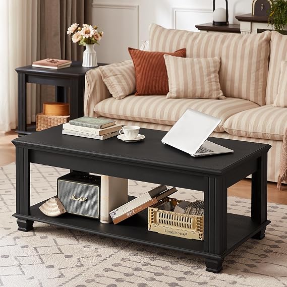 SAVOR LIFE Farmhouse Coffee Tables for Living Room, Black | Heavy-Duty Rectangle Center Table with Open Storage Shelf & Thickened Top & Square Wooden Legs