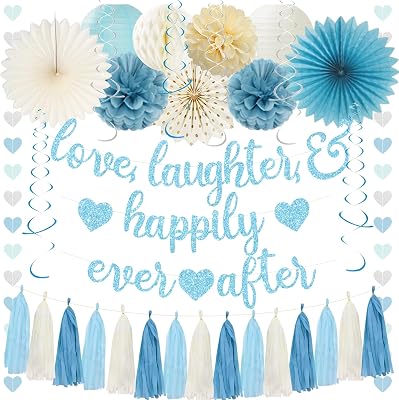 Roetyce Engagement Party Decorations, Blue Glitter Love Laughter & Happily Ever After Banner for Bridal Shower, Wedding Bachelorette Party Backdrop, Almost MarriedJust Engaged Photo Background Decor