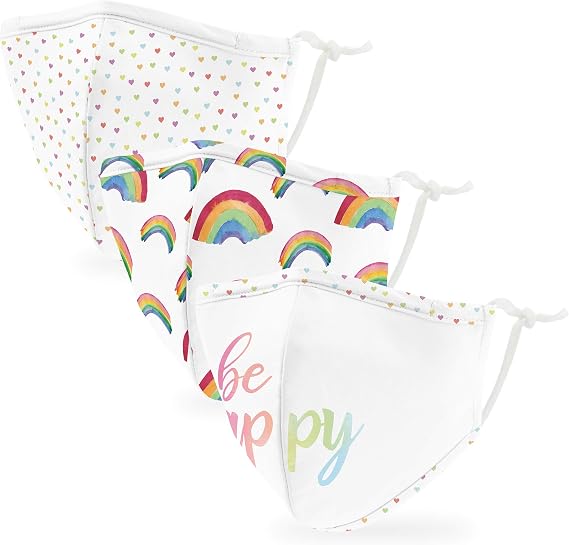 weddingstar 3 Pack Kid's 3-Ply Washable Cloth Face Mask Reusable and Adjustable with Filter Pocket - Rainbows