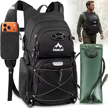 Pankay 25L Hydration Backpack Hiking, Hiking Backpack with Water Bladder, Detachable Phone Pouch & Helmet Holder, Lightweight Water Backpack for Men Women Hiking Biking Running Camping Travel