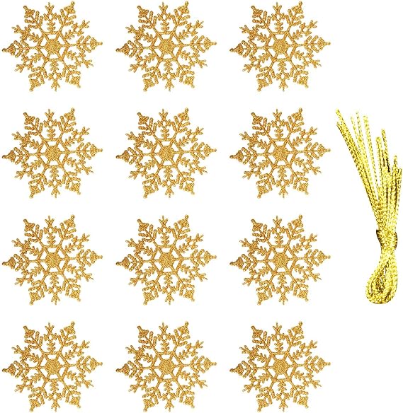 Rumyve 12pcs Winter Snowflake Decorations,3D Plastic Glitter Snowflakes Ornaments,Winter Wonderland Window Decoration Party Winter Wedding Decor(Gold)