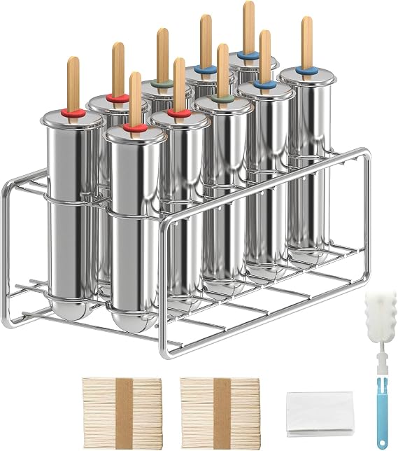 10 Pack Stainless Steel Popsicle Molds, Homemade Round Ice Lolly Molds with Holder, Reusable Fast Freezing Ice Treat Maker with Wooden Sticks and Bags