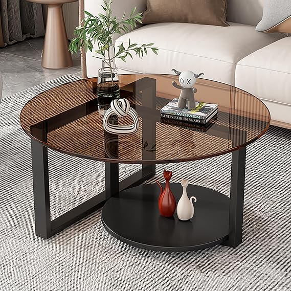 Glass Coffee Table for living room tables, 2-Tier Round Coffee Table with Storage Shelf, Coffee Table with Tempered Glass Top for Living Room Office, Center Table for Living Room(Brown,80x45cm)