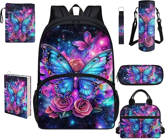 Showudesigns Flower Butterfly Bookbag and Lunch Box Set for Girls 10-12 Teen School Bag Middle School Backpack Pencil Case Water Bottle Holder Book Sleeve Book Cover Key Chains 17inch Travel Daypack