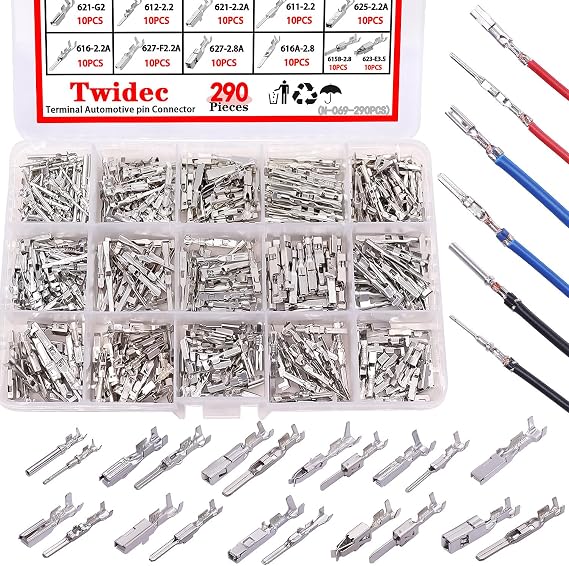 Twidec/290PCS Car Electrical Wire Terminal Pins Connector 1/1.5/1.8/2.2/2.8/3.5mm 21Type Connector Pins Terminal Auto Electric Connectors Non-Insulated Plug Removal Male Female Crimp Pins