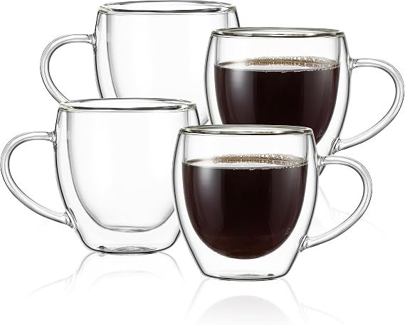 CNGLASS 5oz(150ml) Espresso Mugs,Double Wall Insulated Glass Coffee Mugs with Handle,Espresso Shot Glasses,Clear Expresso Coffee Cups Set of 4…