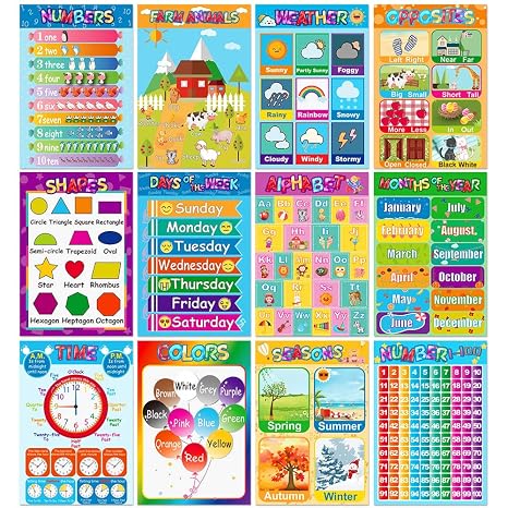 Omgouue Educational Posters for Preschoolers Toddlers Kids, 12PCS | Alphabet Letters, Numbers Shapes Colors, Seasons Week Months, 11 x 16 Inch, Kindergarten Classrooms