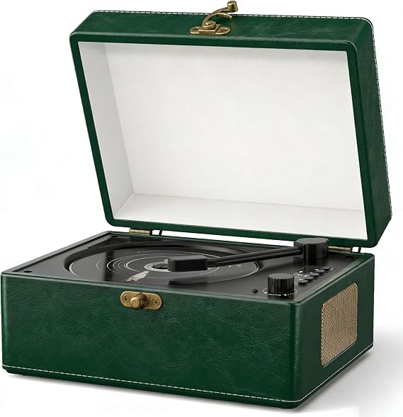 Retro CD Player with Speakers Bluetooth in & Out Dark Green | Bluetooth Portable Rechargeable 2000mAh,Auto Off,Pre-read,Anti-Vibration,CD/USB/3.5mm AUX-in//LED Display/CD-R/CD-RW/MP3/WMA