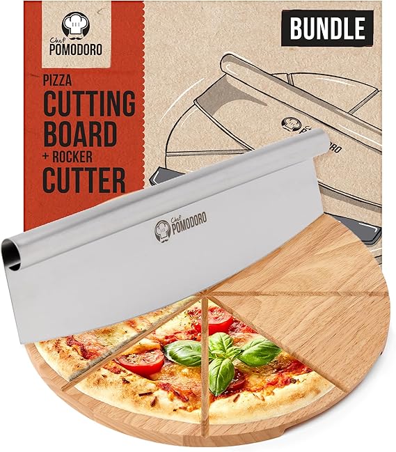 Chef Pomodoro Stainless 14 inch Pizza Cutting Board, Pizza Cutter Combo Set | Sharp Stainless Pizza Cutter Rocker, Pizza Cutter Board with Slice Grooves; Pizza Board for Pies, Cheesecake & Charcuterie