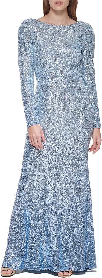 Eliza J Women's Long Sleeve Boat Neck Ombre Sequin Gown
