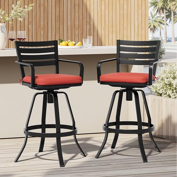 30" Swivel Outdoor Bar Stools Set of 2, Sunbrella Cushion Patio Bar Chairs | Heavy-duty Cast Aluminum Frame, Weatherproof, Sunbrella Cushion, 360 Swivel, UV/Fade/Moisture Resistant, Easy to Clean