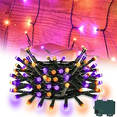 Orange and Purple String Lights Battry Operated with Timer Waterproof, Halloween String Lights for Outside 16.4ft 50LED Indoor Outdoor Halloween Decorations Garland Party Patio Garden Yard