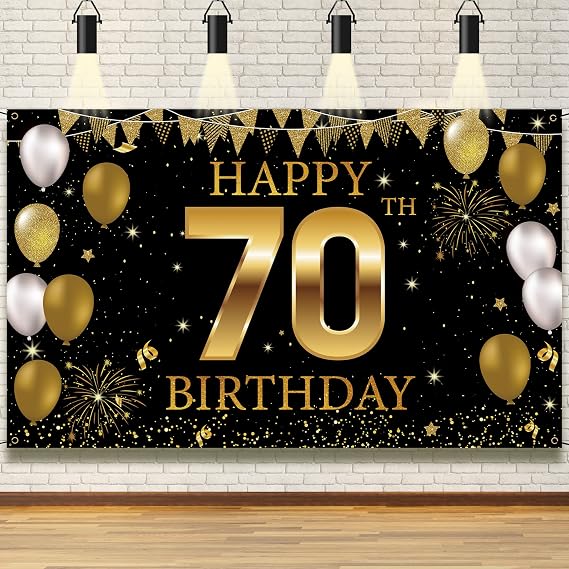 70th Birthday Party Decorations Backdrop Banner, Happy 70th Birthday Decorations for Men Women, 70 Years Old Birthday Photo Booth Props Black Gold, 70 Birthday Yard Sign Decor, Fabric Vicycaty