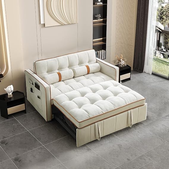 Pull Out Sofa Bed, 55.5" Loveseat Sleeper Sofa Bed, with Side Pocket Storage, Adjustable Backrest and Waist Pillow, Suitable for Small Space, Living Room, Bedroom, Office(Beige)