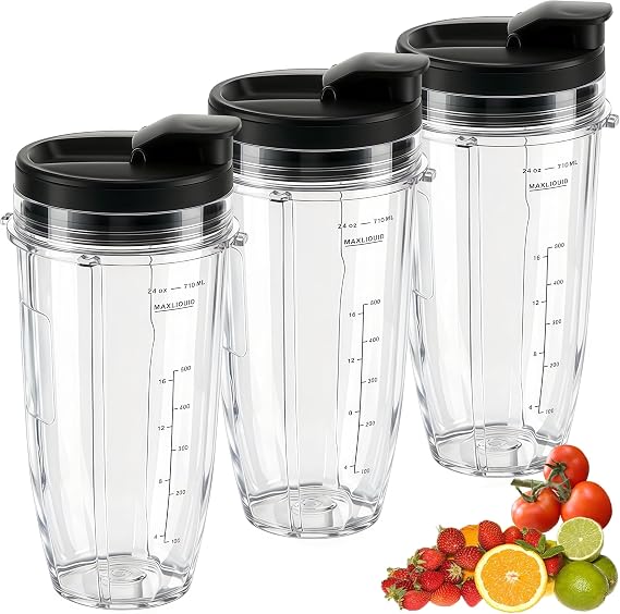 Replacement 24oz Blender Cup with Sip & Seal Lid For Nutri Ninja BL450 BL456 BL480 BL482 BL640 BL642 BL682 BN751 BN801 Foodi SS101 SS151 SS351 SS401 Ninja Blender Auto IQ Blade, 3-Pack