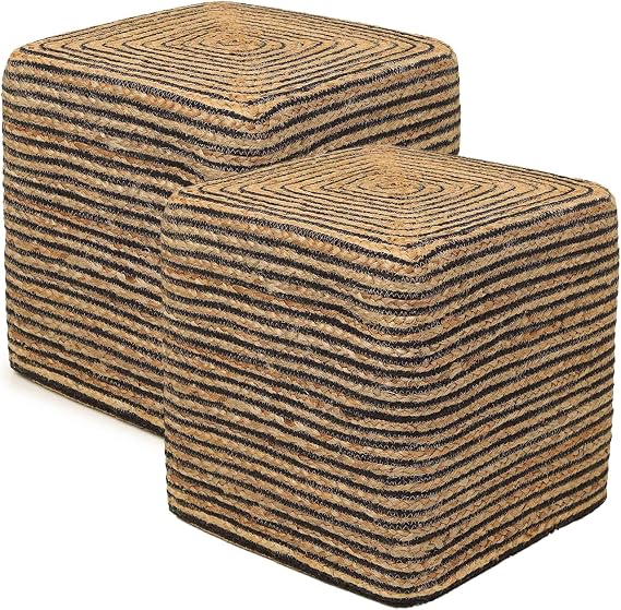 REDEARTH Cube Pouf Foot Stool Ottoman - Jute Braided Pouffe Poof Accent Sitting Footrest for The Living Room, Bedroom, Nursery, Lounge 50% Jute 50% Cotton Set of 2 (14.5X14.5X16; Natural Black)