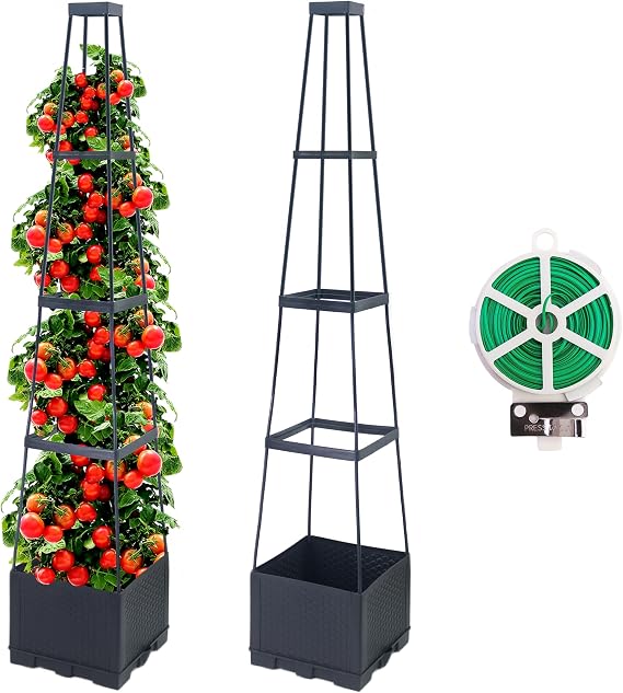 2 Packs 144CM raised beds for garden planter with trellis self watering tomato planters with Trapezoidal Trellis for Climbing Plants Tomato Pot Flowers Vegetable Planters Outdoor Planter Box(57")