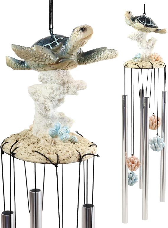 Ebros Gift Nautical Animal Reptile Kingdom Sea Turtle Swimming Over Corals Resonant Relaxing Wind Chime Patio Garden Accent of Coastal Ocean Beach Theme