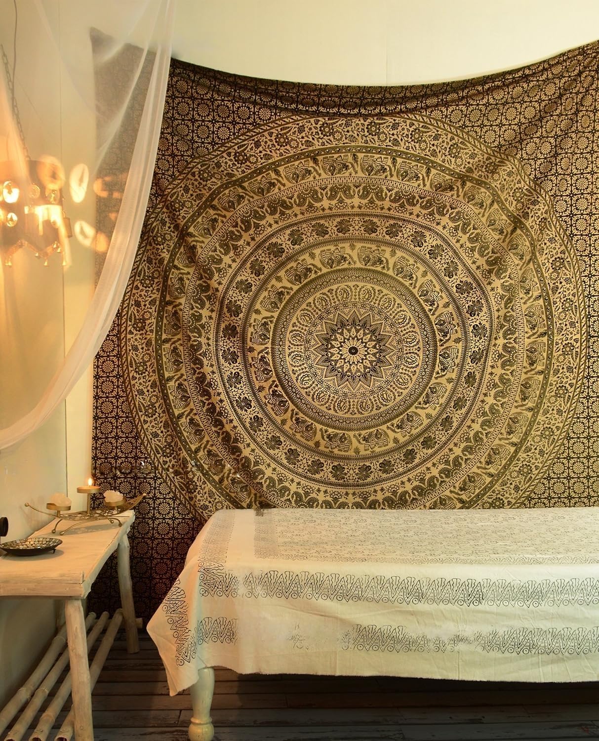 Bless International Handmade Indian hippie Bohemian Psychedelic Elephant Mandala Wall hanging College Dorm Beach Throws Table Cloth Bedding Tapestry Black & Gold, Poster 30x40Inches76x101cms
