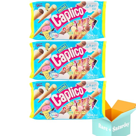 Caplico Mini Ice Cream Cones - Vanilla, Strawberry, Chocolate Flavor Variety (3-Pack) | Ezaki Glico Japanese Snack | 10 Cone Sticks Each Bag | Individually Wrapped | Dagashi Snack Candy | Rare Saturday Snack Pack
