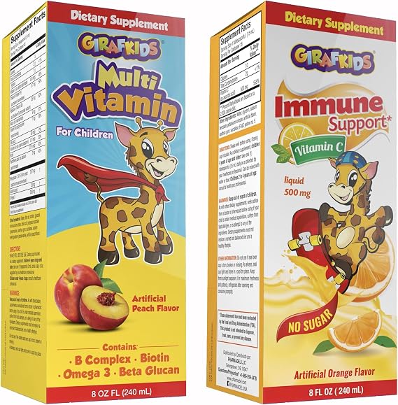 GirafKids Multivitamin Syrup + Liquid Vitamin C Bundle for Kids Ages 4+ | Omega-3, Beta Glucan, Folic Acid & Antioxidant Support | Peach & Orange Flavors