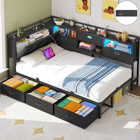 Brinlawb 3ft Single Bed Frame with 6 Storage Drawers, Charging Station(2 AC Ports 2 USB Ports) LED Lights, Single Daybed with Upholstered Headboard with Inner Storage, Sofa Bed Single Bed with Storage